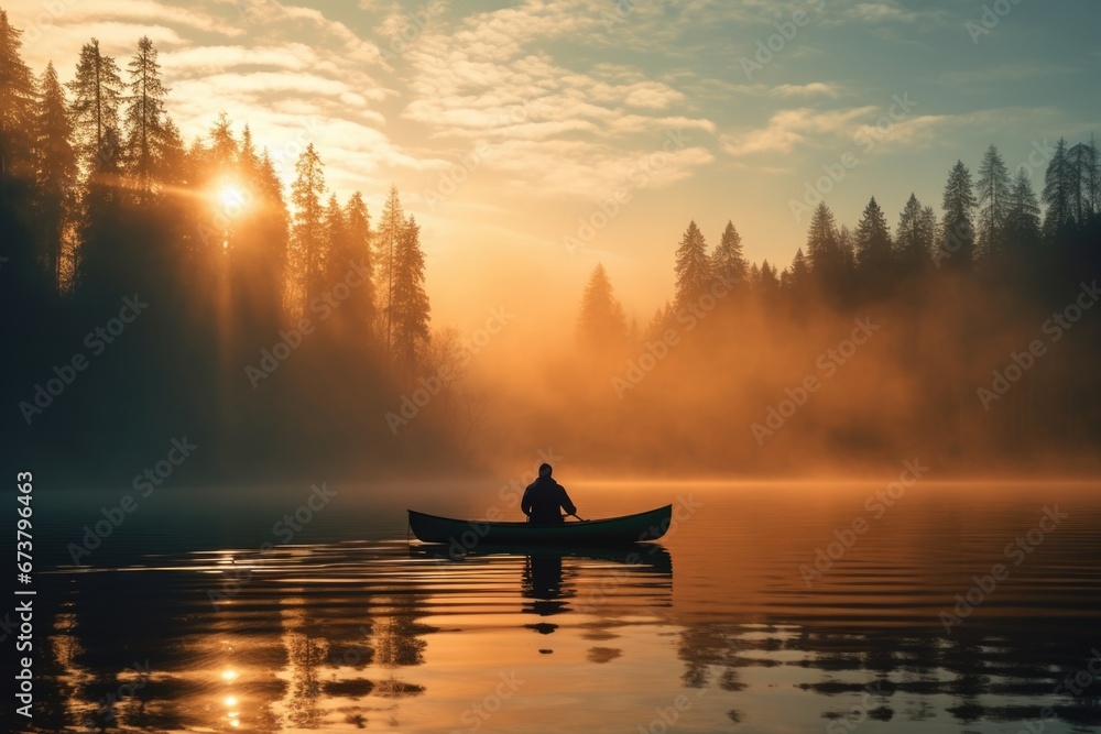A man in canoe on a foggy tranquil lake with forest at sunrise. Winter Autumn seasonal concept. - obrazy, fototapety, plakaty 