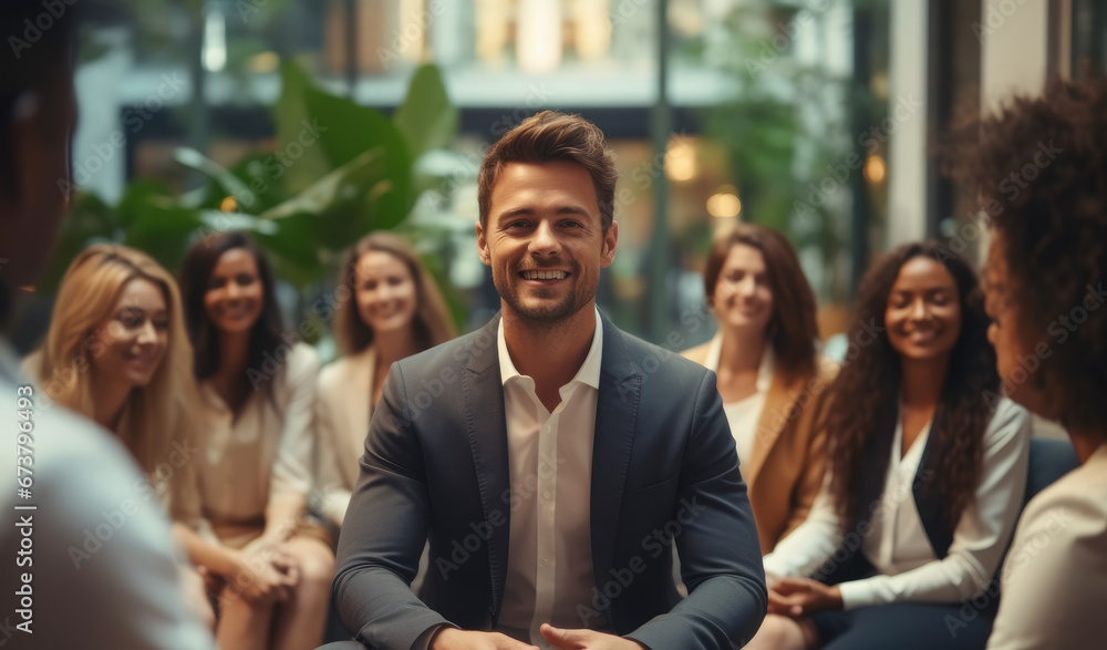 Obraz premium Happy multiracial colleagues sitting on chairs, Listening to male boss team leader, Explaining working issues at briefing meeting in modern office.