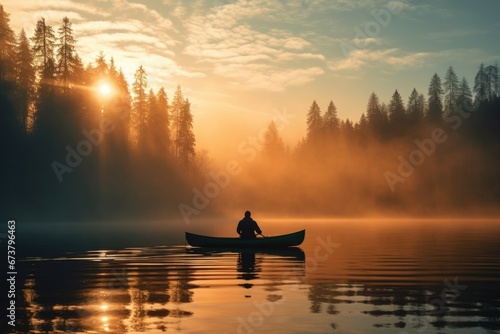 Leinwand Poster A man in canoe on a foggy tranquil lake with forest at sunrise