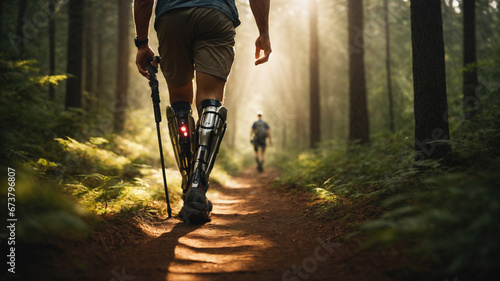 Man hiking in the woodland with bionic leg prostheses. © Dmytro Tolokonov