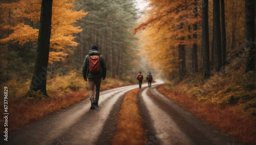Man hiking through the autumn forest. Backpacking. © Dmytro Tolokonov