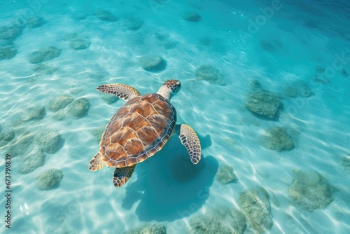 A sea turtle swimming underwater in tropical ocean