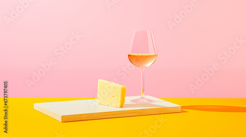 Fototapeta Naklejka Na Ścianę i Meble -  A glass of wine and a wedge of cheese on a wooden cutting board. The background is a solid pink color. Minimalist, abstract and modern feel.