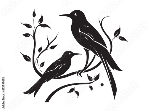 Black illustration of two birds on a tree branch on a white background