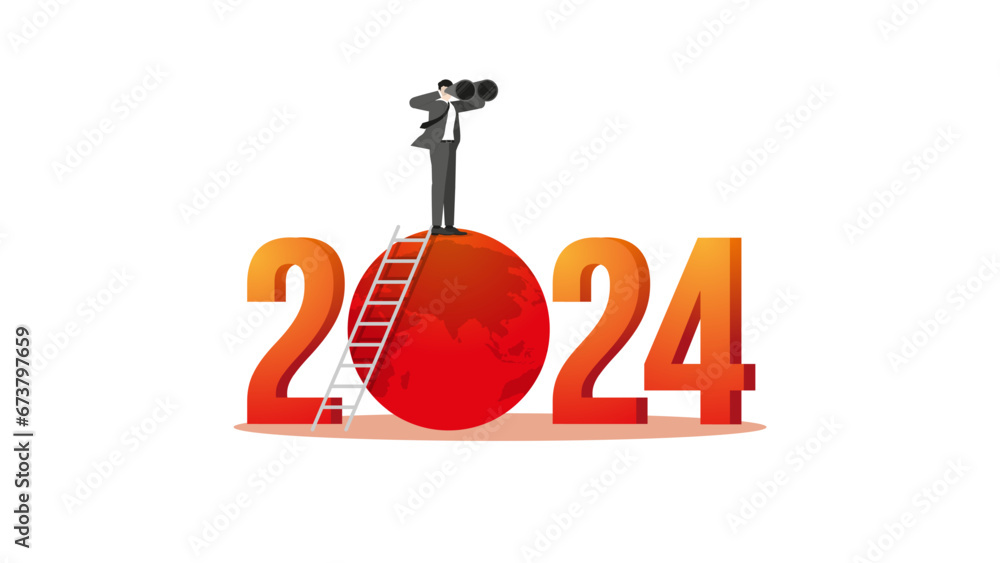 A visionary man uses binoculars on a number year 2024 and a red earth. Environmental concern, Net zero carbon footprint emission, Sustainability, Global heating, Climate emergency, and crisis concept. A visionary man uses binoculars on a number year 2024 and a red earth. Environmental concern, Net zero carbon footprint emission, Sustainability, Global heating, Climate emergency, and crisis concept.