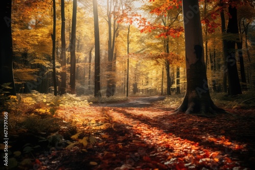 Autumn foggy woods with sun light and beautiful Fall foliage colors. Autumn seasonal concept.