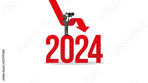 Global recession concept in the year 2024. A vision businessman uses binoculars. A red down graph of the financial crisis, economic downturn, inflation, recession, failure, bankruptcy, and crisis.