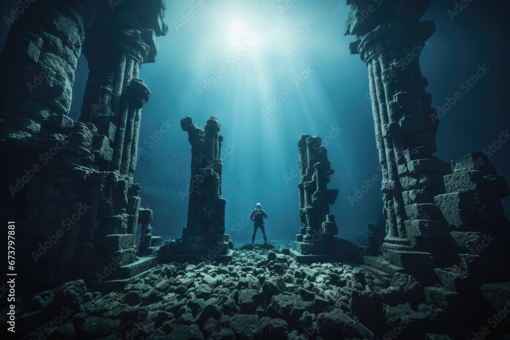 A diver explore a underwater temple relic of old remains historical buildings in deep sea. Vacation travel concept. - obrazy, fototapety, plakaty 