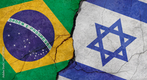 Flags of Brazil and Israel texture of concrete wall with cracks, grunge background, military conflict concept