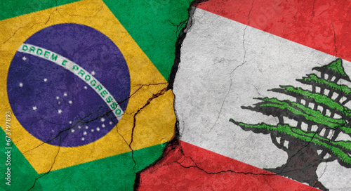 Brazil and Lebanon flags texture of concrete wall with cracks, grunge background, military conflict concept