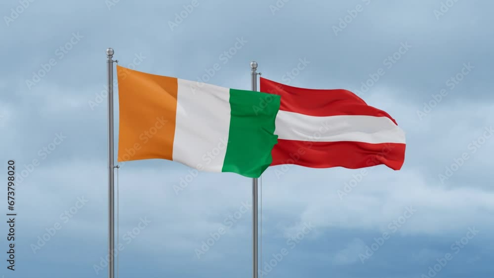 Austria flag and Ivory Coast, Cote d'Ivoire flag waving together on cloudy sky, endless seamless loop, two country relations concept Austria flag and Ivory Coast, Cote d'Ivoire flag waving together on cloudy sky, endless seamless loop, two country relations concept