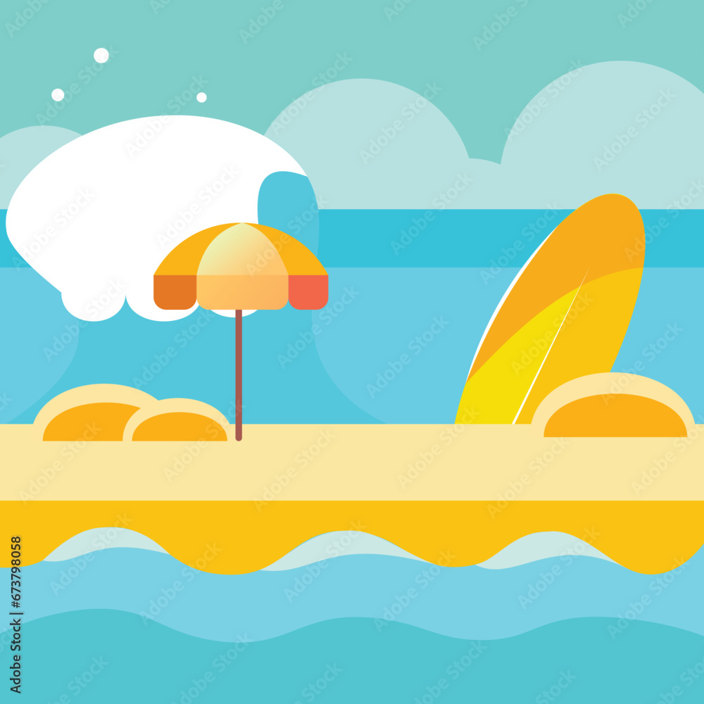Vector Flat Summer Beach Illustration with Big Wave
