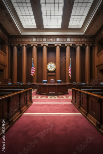 American courtroom. justice and law. chairs and judge table