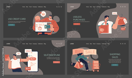 Impulsive buying web banner or landing page dark or night mode set. Shopaholic money problems. Consumer doing useless purchases. Spontaneous buying. Flat vector illustration