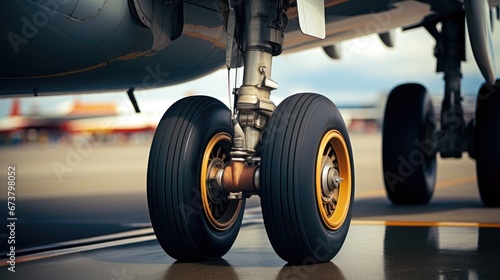 Landing gear of an airplane, Shot of detailed landing gear on a commercial airplane.