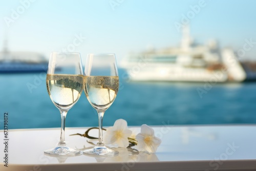 Champagne wine glasses and bottle on table top with a good view of blue sea at beach. Summer tropical vacation concept.