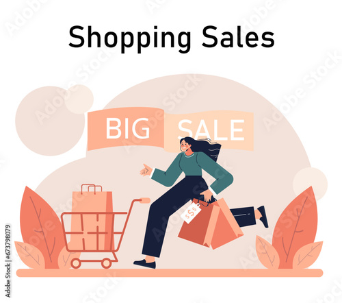 Impulsive buying. Shopaholic money problems. Consumer doing useless purchases without thoughtful consideration or planning. Spontaneous buying. Flat vector illustration