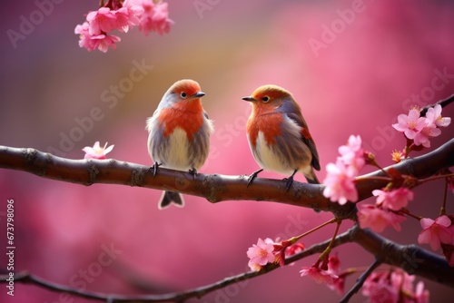 Close-up view of bird rest on tree branches with booming cherry blossom in Spring.