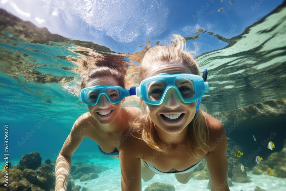 Naklejka premium Close-up view of monther and daughter snorkeling in sea. Water sports. Summer tropical vacation concept.