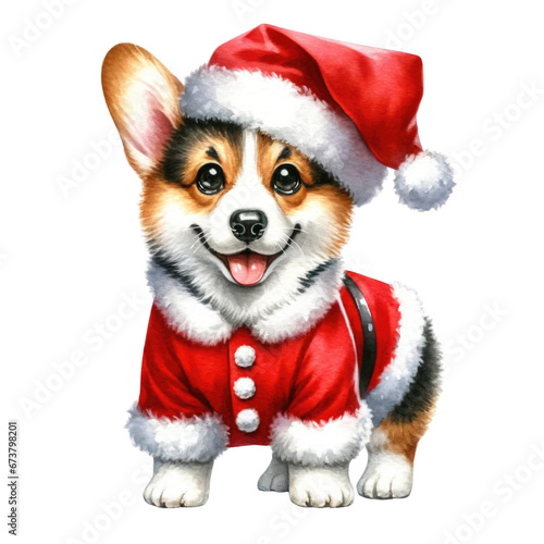 Cute Watercolor Merry Christmas Santa Dog Puppy Clipart Decoration © Katawut