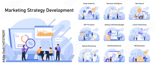 Marketing Strategy Development set. Crafting unique selling propositions and pinpointing target audiences. Budget allocation, monitoring results, and estimating ROI. Dynamic business strategy planning