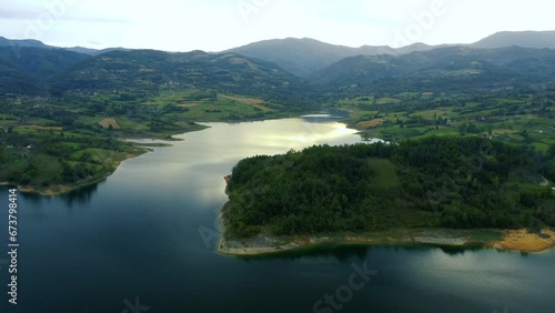 Beautiful landscape in aerial drone shot. Rovni Lake, Serbia photo