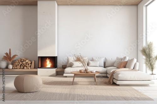 Large light living room with fireplace  contemporary with sofa and coffee table in earthy tones
