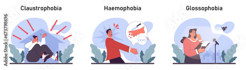 Phobia set. Human's irrational inner fears and panic. Mental disorder, feeling of threat and danger. Psychology and mental therapy. Flat vector illustration