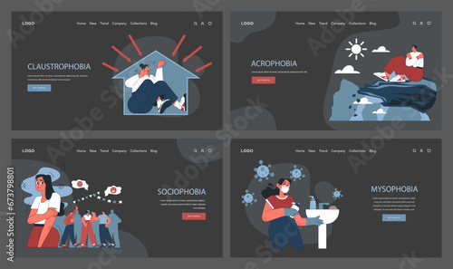 Phobia web banner or landing page dark or night mode set. Human's irrational inner fears and panic. Mental disorder, feeling of threat and danger. Mental problem. Flat vector illustration