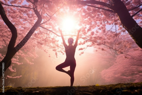 Athletic woman doing Yoga practice in beautiful blooming cherry blossom woods with pink petals in air and on ground in Spring. Spring seasonal concept. © Joyce