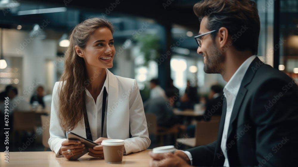 A female and male employee dressed business casual, having a conversation. A female and male employee dressed business casual, having a conversation.