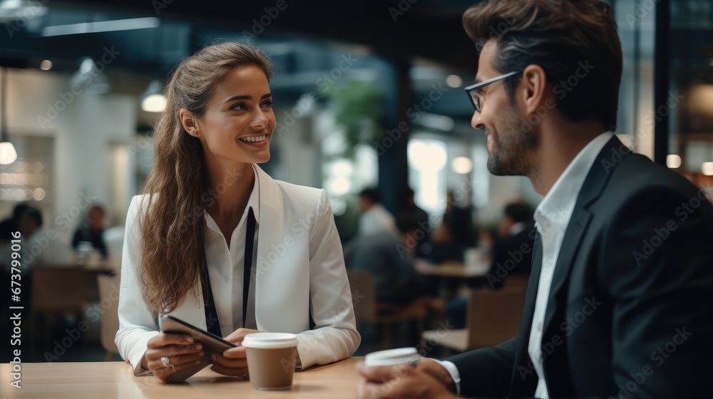 A female and male employee dressed business casual, having a conversation.