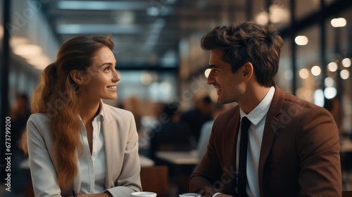 A female and male employee dressed business casual  having a conversation.