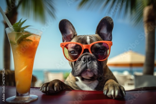 A Cool Canine Enjoying a Refreshing Beverage at a Sunglasses-Clad Table © pham