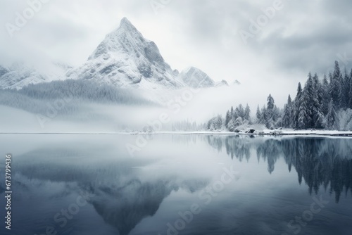 Beautiful lake with foggy Winter forest covered by heavy snow and ice. Winter seasonal concept.