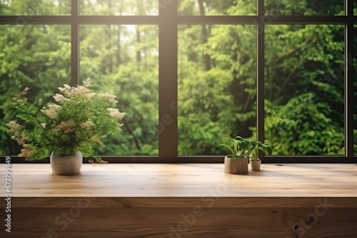 Close-up view of a bright window with a green plant in Spring. Spring seasonal concept.
