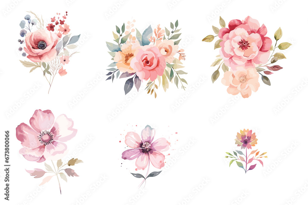 Watercolor rose  floral design set, watercolor rose vector - obrazy, fototapety, plakaty 