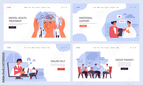Psychotherapy web banner or landing page set. Psychiatrist consulting patient on mental health disorders. Thoughts and emotions analysis. Group, drug, art and animal therapy. Flat vector illustration