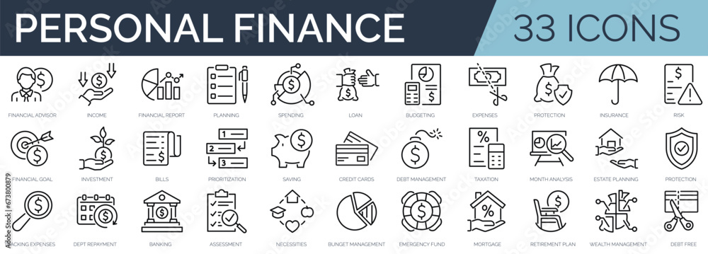 Set of 33 outline icons related to personal finance. Linear icon collection. Editable stroke. Vector illustration - obrazy, fototapety, plakaty 