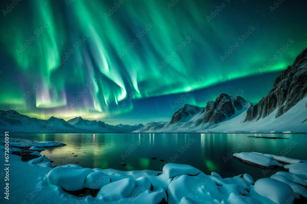 Aurora borealis over snowy mountains, frozen sea coast, reflection in water at night.  Norway. Northern lights. Winter landscape with polar lights, ice in water. Starry sky with aurora