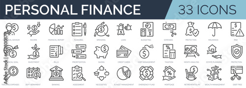 Foto Set of 33 outline icons related to personal finance