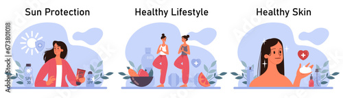 Skincare routine set. Facial skin cosmetic products applying and professional dermatology procedure. Cleansing and moisturizing treatment. Flat vector illustration