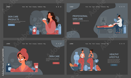 Skincare routine web banner or landing page dark or night mode set. Facial skin cosmetic product applying and professional dermatology procedure. Cleansing and moisturizing. Flat vector illustration