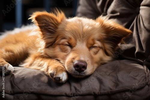 A Cozy Nap: A Small Brown Dog Sleeping on Top of a Brown Chair