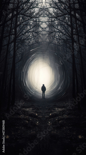 Mysterious silhouette of a man in a dark foggy forest with a glowing light