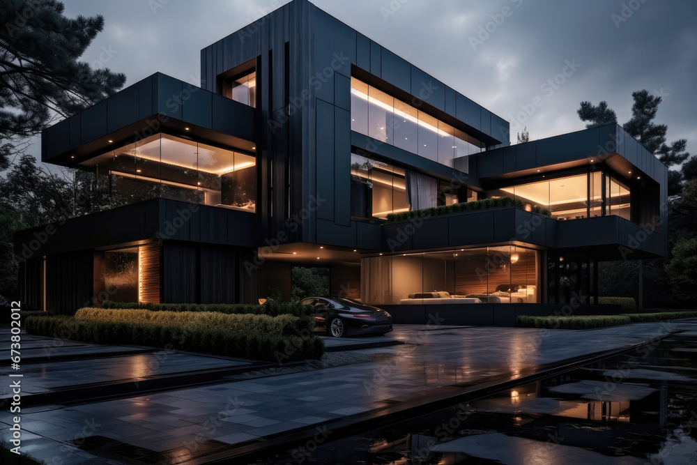 Black modern house on the street. Black modern house on the street.