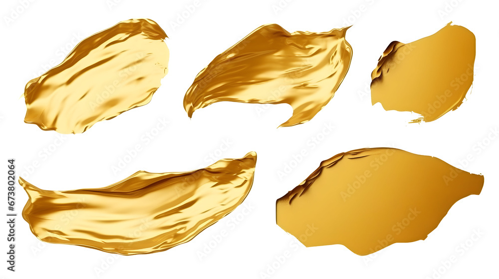 Creative brushstrokes of gold paint isolated on a white background. Gold paint texture.