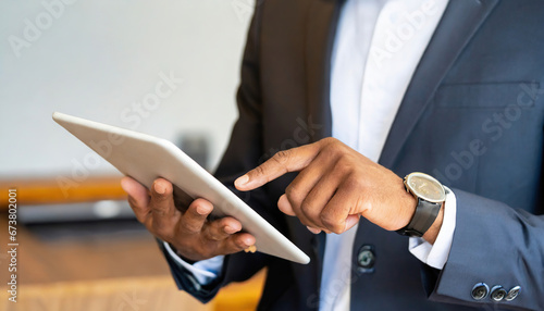 Closed up businessman hand using tablet