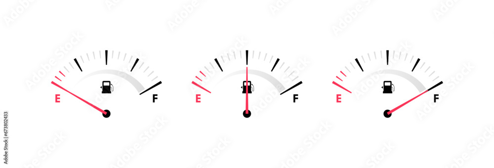 Fuel gauge scales with different level. Fuel measuring by gauge for control gas, gasoline or diesel level. Car dial fuel dashboard. Vector illustration - obrazy, fototapety, plakaty 