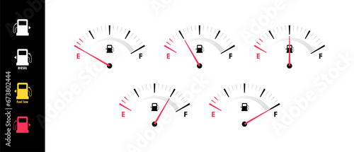 Fuel gauge scales with different level. Fuel measuring by gauge for control gas, gasoline or diesel level. Car dial fuel dashboard. Vector illustration